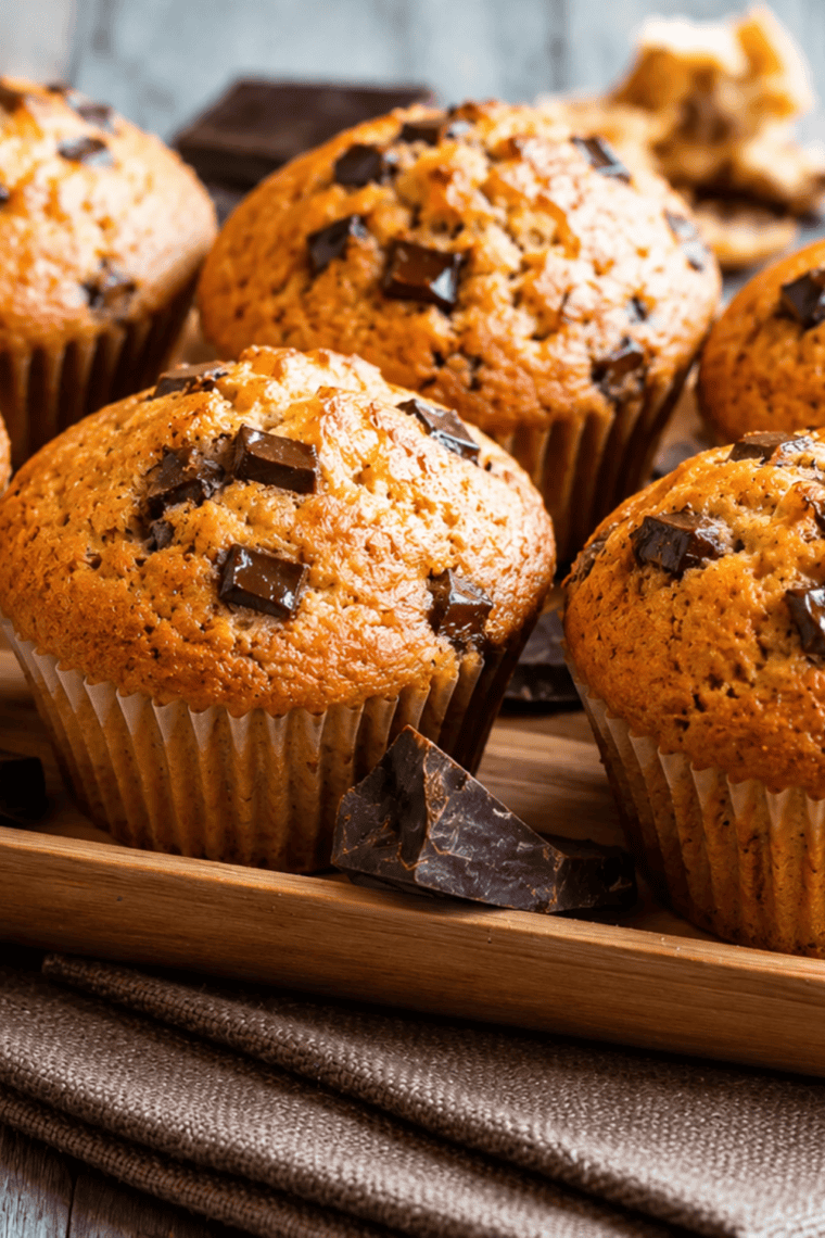 Golden chocolate chip muffins in silicone cups inside an air fryer basket