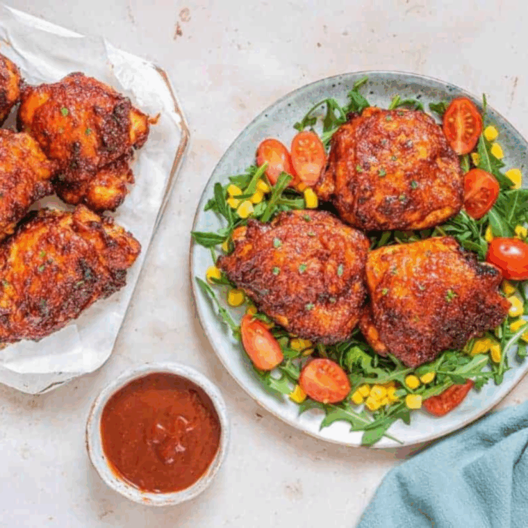 A small glass bowl filled with reddish-brown Bojangles BBQ sauce alongside crispy fried chicken tenders.