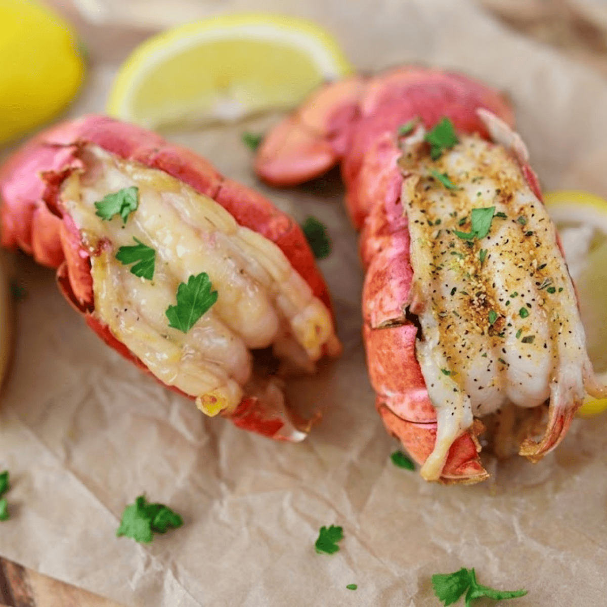 Close up of cooked lobster tails with melted garlic butter and lemon slices