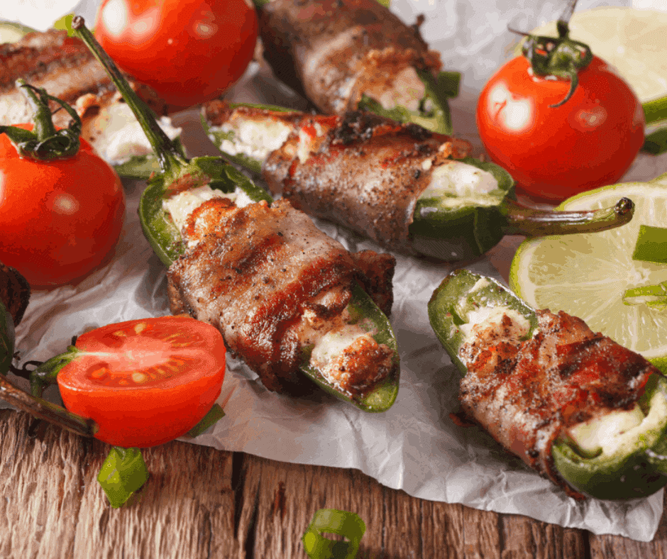bacon wrapped cream cheese jalapenos on a plate