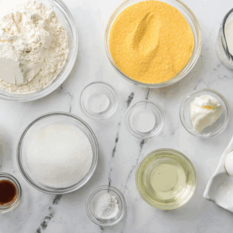 Ingredients needed for Air Fryer Famous Dave’s Corn Muffin Copycat on kitchen table.