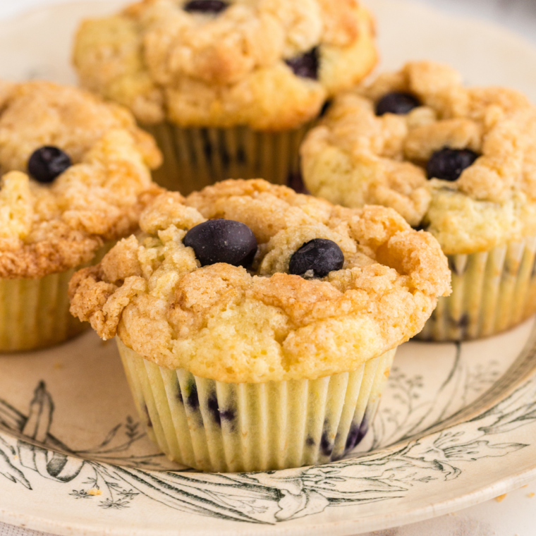 Air fryer blueberry streusel muffin split open showing juicy blueberries