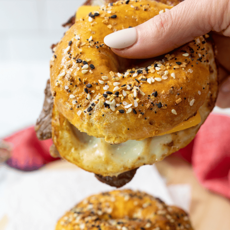 Air Fryer Homemade Bagel Breakfast Sandwiches (Egg, Sausage & Cheese)