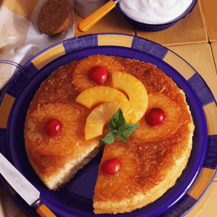 Air Fryer Pineapple Upside Down Cake with caramelized pineapple and cherries