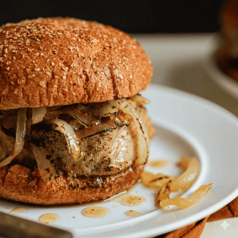 Chicago-style pork chop sandwich on a bun topped with golden sautéed onions, served on a wooden board