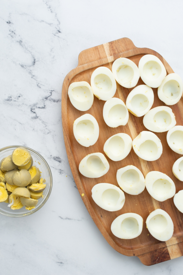 Mashed egg yolks mixed with mayonnaise and mustard for the filling