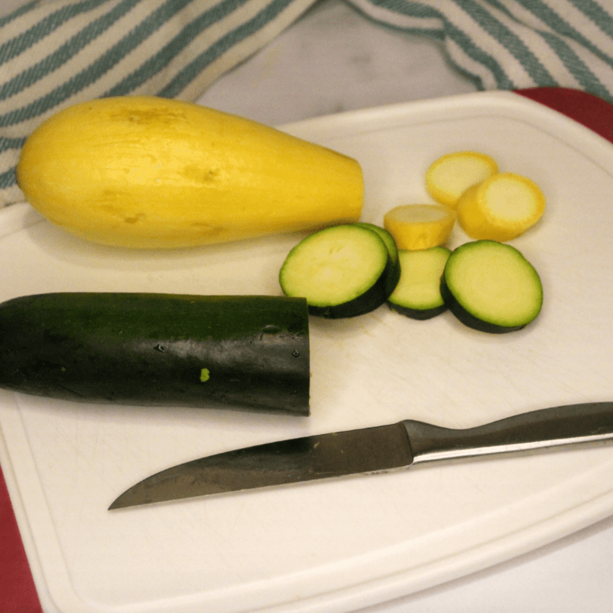 Yellow squash and zucchini sliced into uniform ½ inch rounds