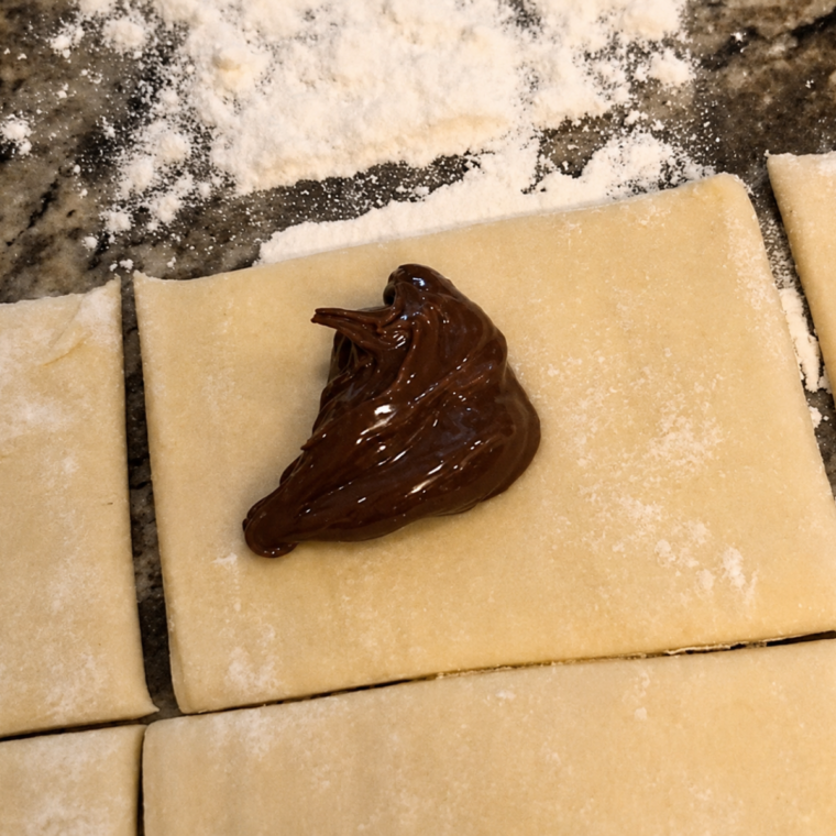 A teaspoon of Nutella spooned into the center of a cut puff pastry square, edges left clear