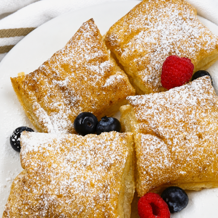 Finished puff pastry French toast plated with powdered sugar, raspberries and blueberries