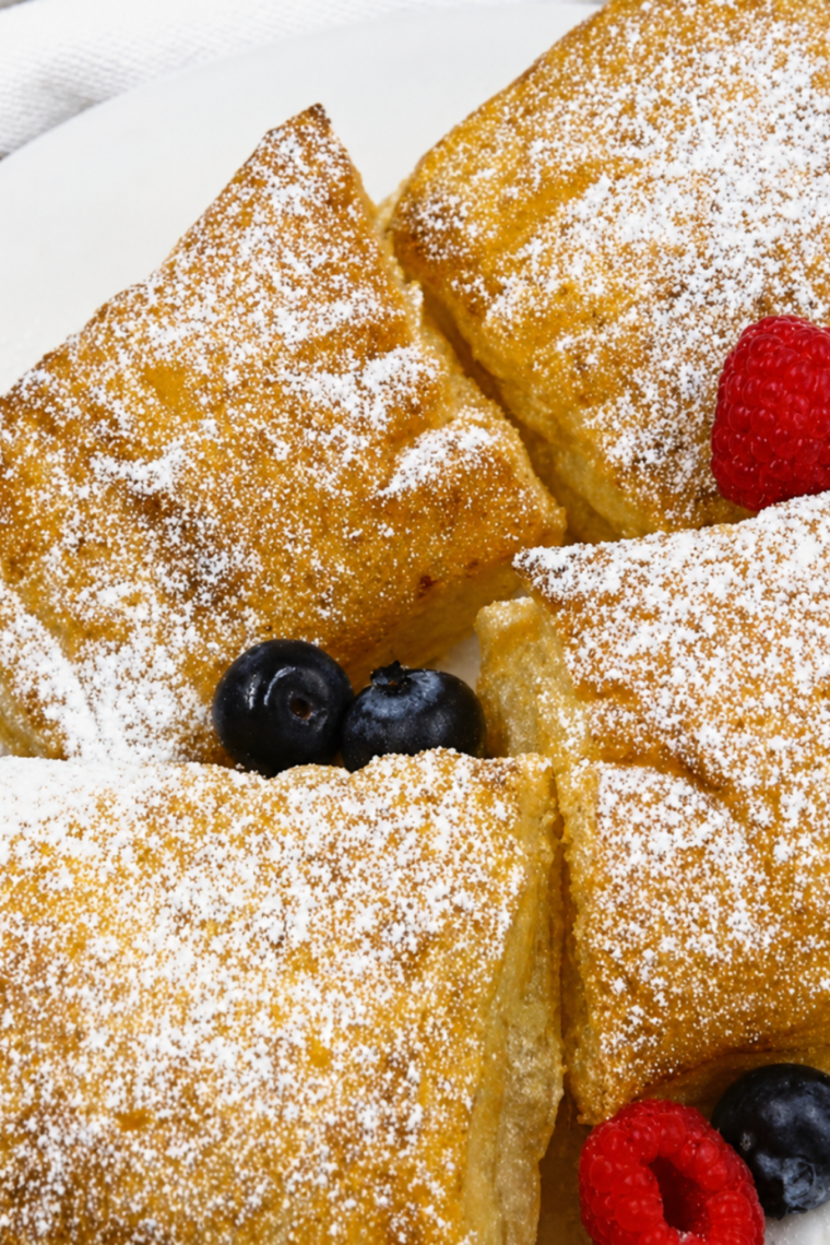 Plated air fryer puff pastry French toast squares dusted with powdered sugar and topped with fresh raspberries and blueberries