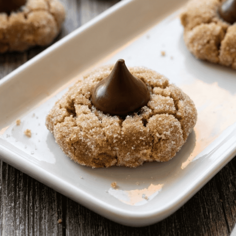 Freshly baked air fryer peanut butter cookies topped with chocolate kisses on a cooling rack.