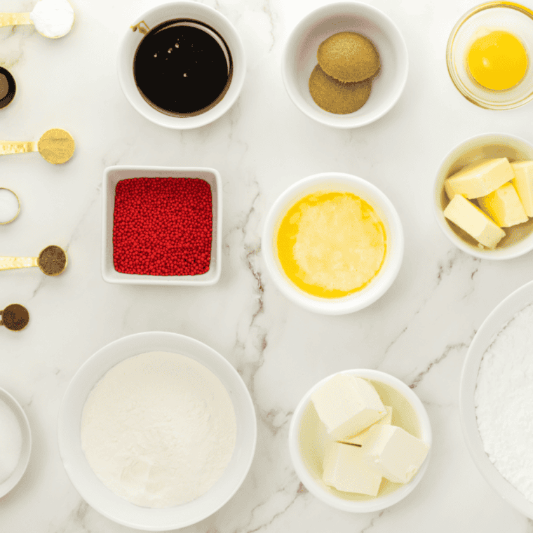 Ingredients needed for Easy Air Fryer Peanut Butter Kiss Cookies on kitchen table.