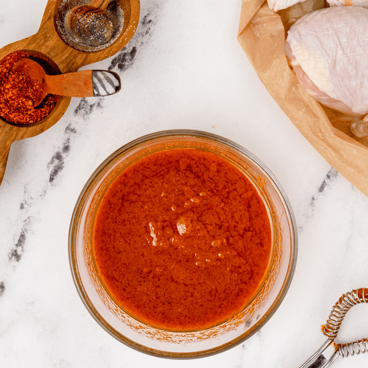 Mixing chicken drumsticks with soy sauce, garlic, brown sugar, vinegar, and spices for Korean BBQ marinade.
