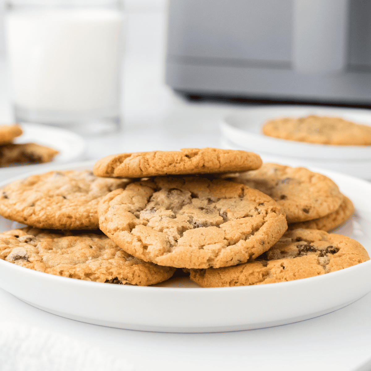 Freshly baked copycat McDonald’s chocolate chip cookies with gooey centers and crispy edges on a plate.
