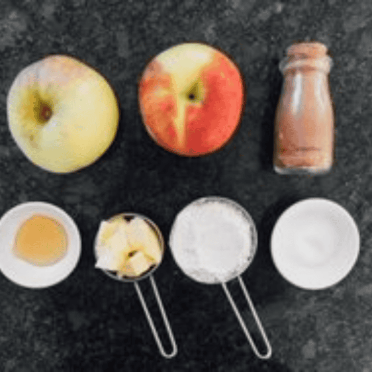 Ingredients for air fryer apple galette — flour, butter, apples, brown sugar, cinnamon, lemon, and honey