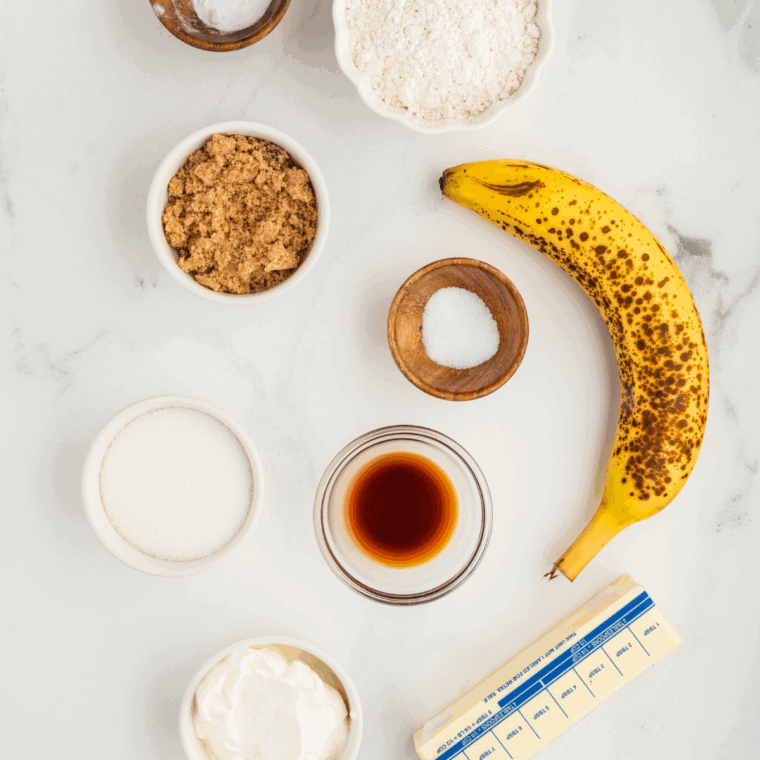 Ingredients needed for Easy Banana Bread Recipe With Shortening on kitchen table.