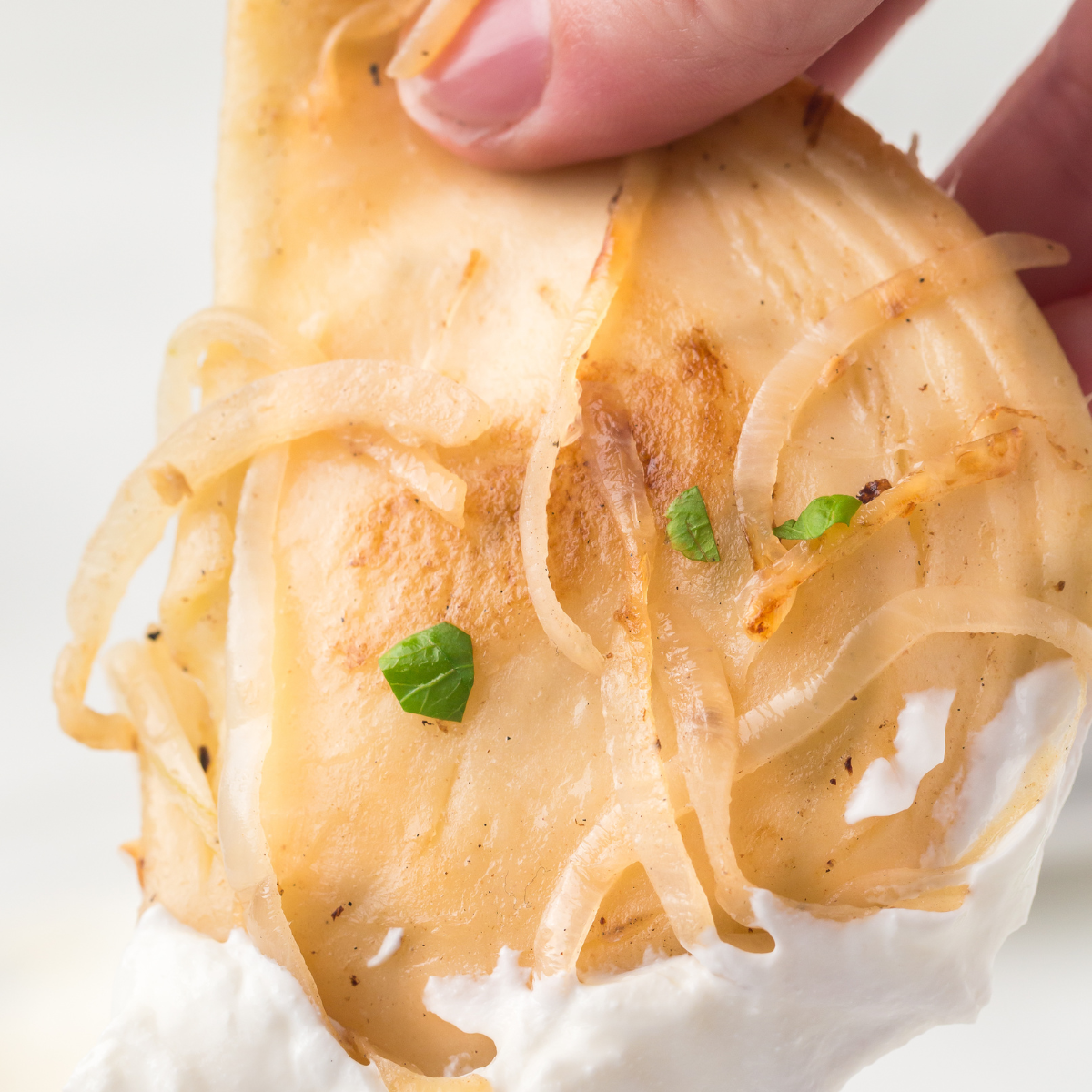 Golden-brown air fryer pierogies served with caramelized onions on a plate, ready to eat.