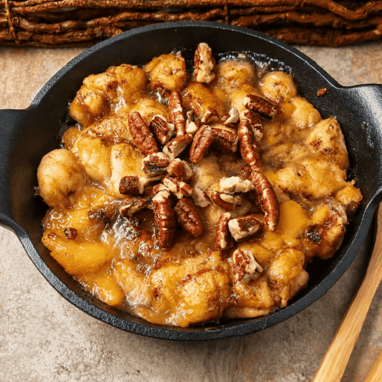 Air fryer cinnamon roll peach cobbler in a cast iron pan with icing drizzled over the golden top