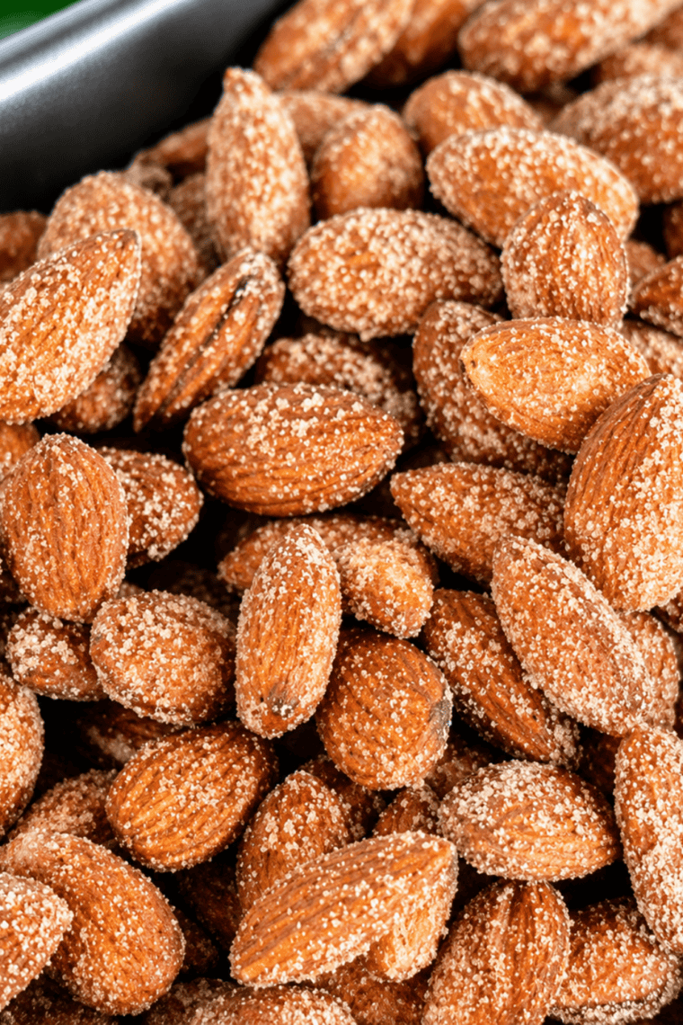 Close-up of easy cinnamon sugar candied almonds made in the air fryer