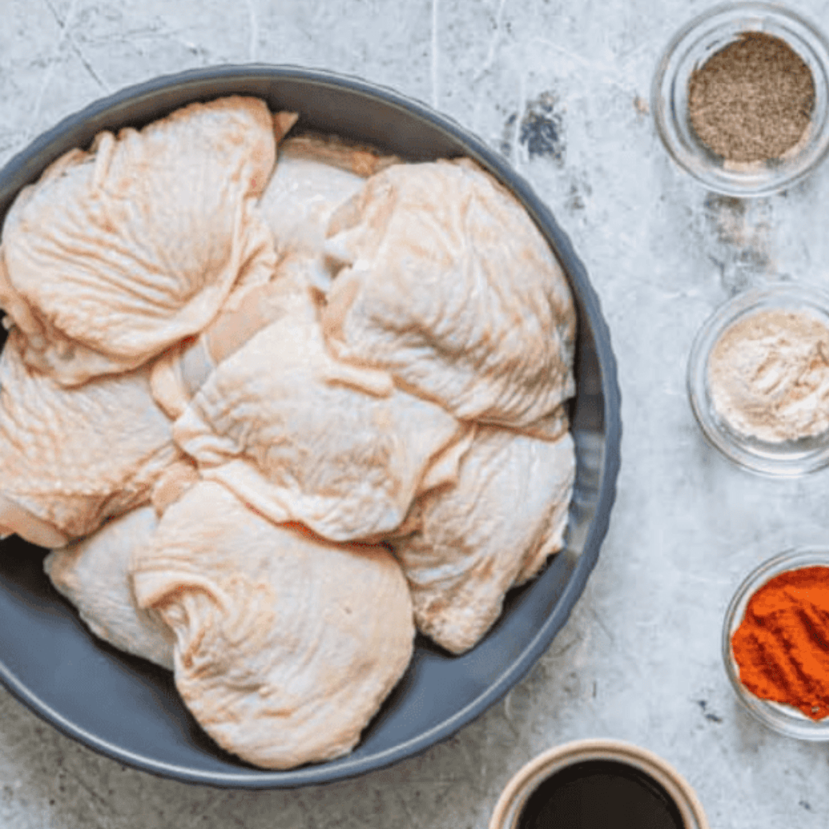 alt tag for ingredintse
10:30 AM
Air Fryer Caribbean Rubbed Chicken Thighs ingredients: raw chicken thighs with smoked paprika, cayenne, white pepper, thyme, and basil