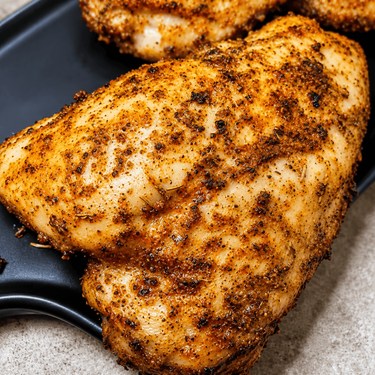 Air Fryer Caribbean Rubbed Chicken Thighs on a white plate, crispy golden skin coated in smoky paprika spice rub.