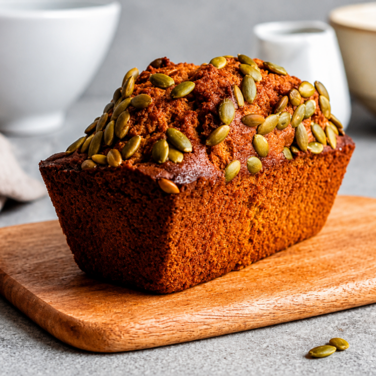 Sliced air fryer copycat Starbucks pumpkin bread stacked on a wooden cutting board