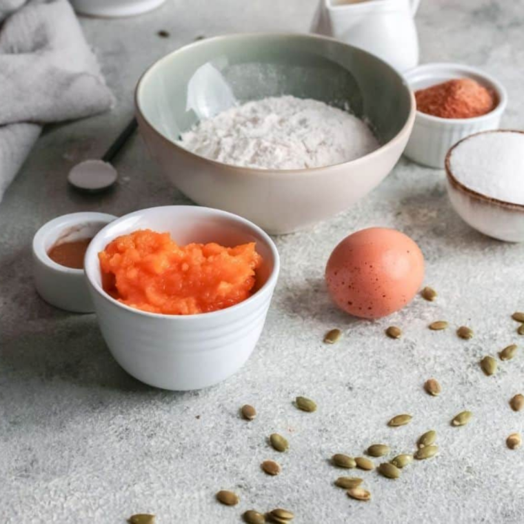 Ingredients for air fryer copycat Starbucks pumpkin bread measured out on a counter