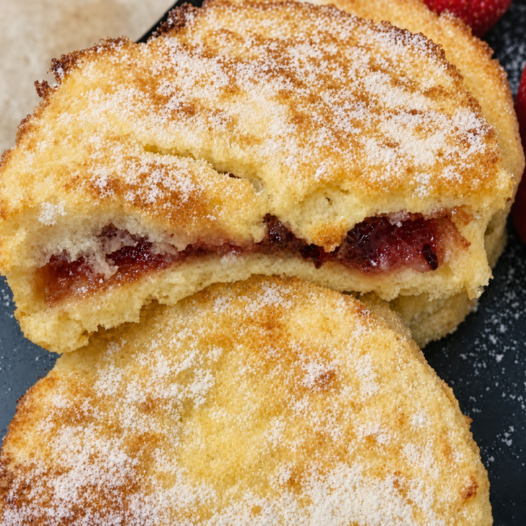 Stack of air fryer jam stuffed French toast dusted in sugar
with jam oozing from the middle