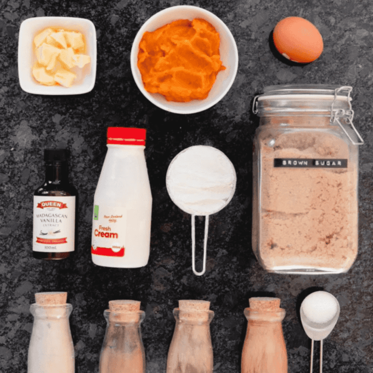 Ingredients needed to make air fryer pumpkin pie laid out on a counter