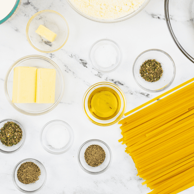 Ingredients Needed For Instant Pot Copycat Parmesan Pasta Roni on kitchen table.