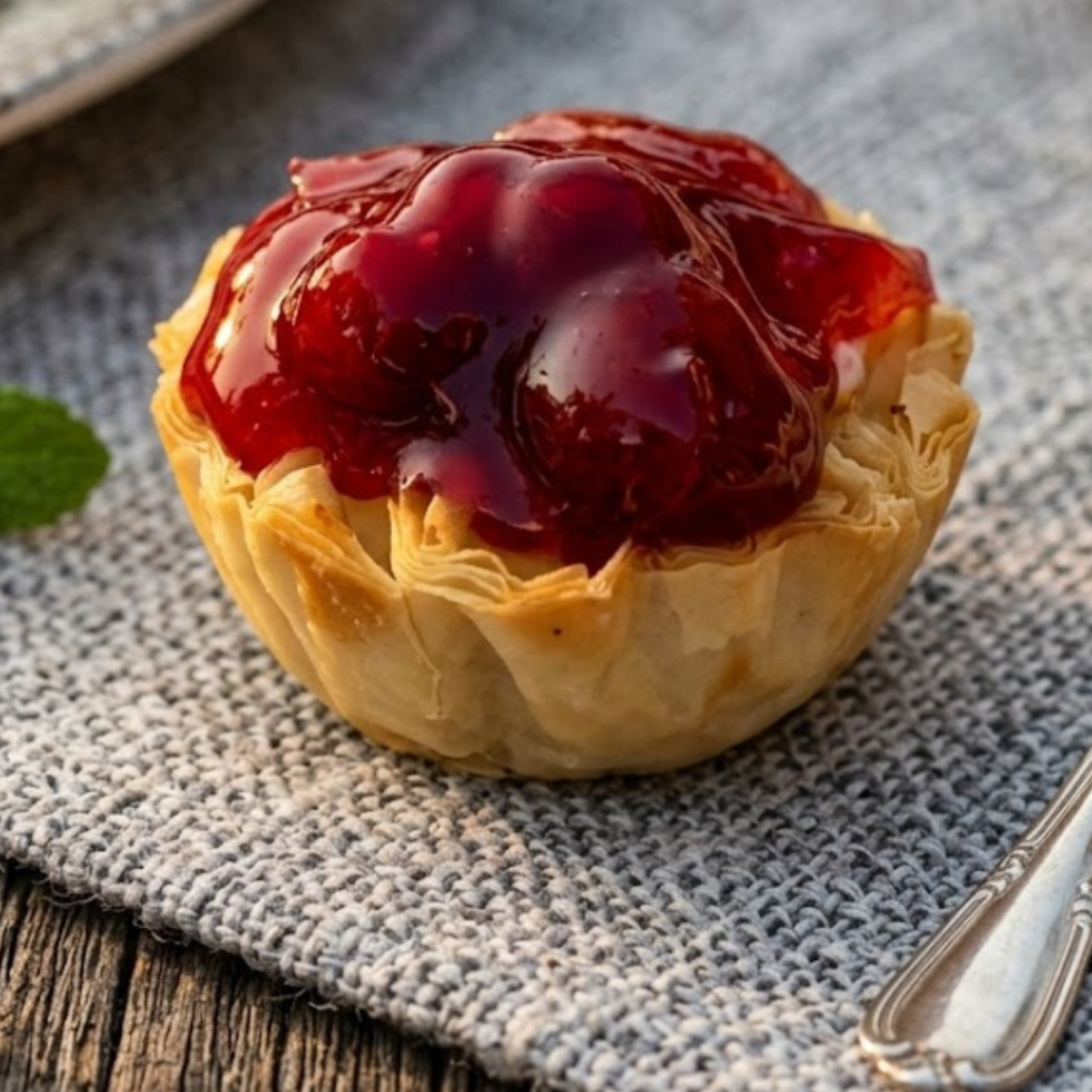Cherry pie filling spooned over cheesecake bites in phyllo cups