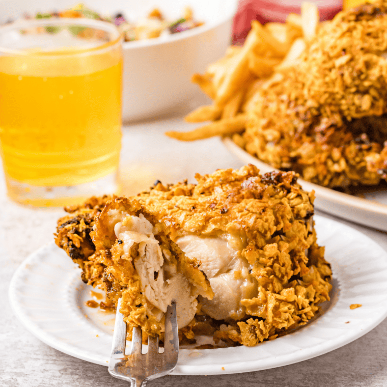 Close-up of extra crispy onion-crusted chicken breast fresh from the air fryer