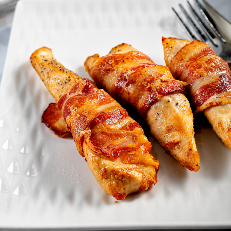 Sliced air fryer cheesy bacon wrapped chicken showing the melted cheddar center
