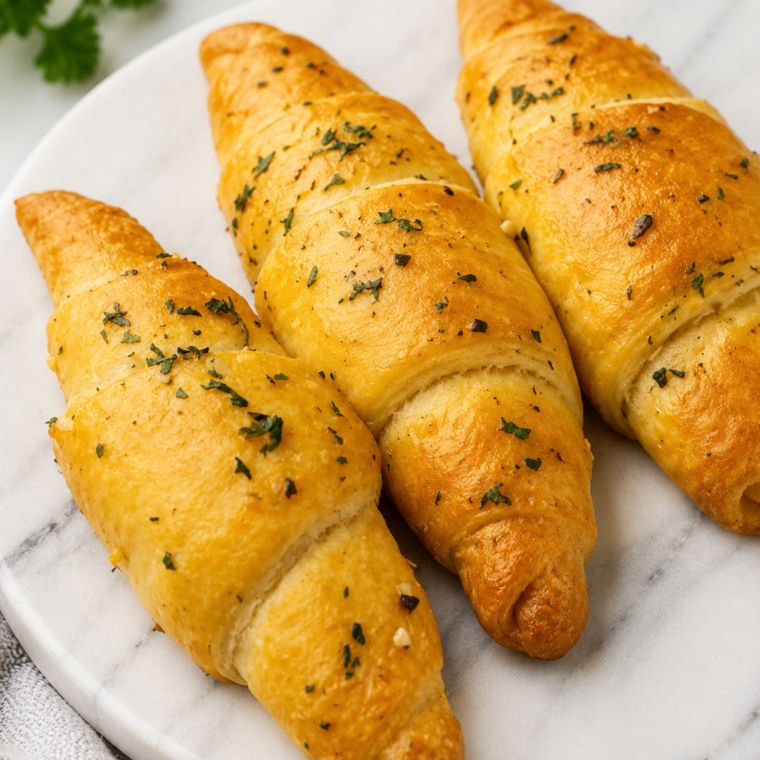 Baked garlic crescent rolls spaced apart in an air fryer basket