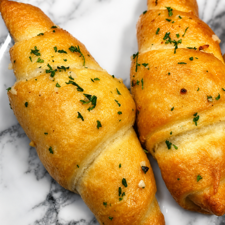 Golden air fryer garlic crescent rolls brushed with garlic butter and herbs
