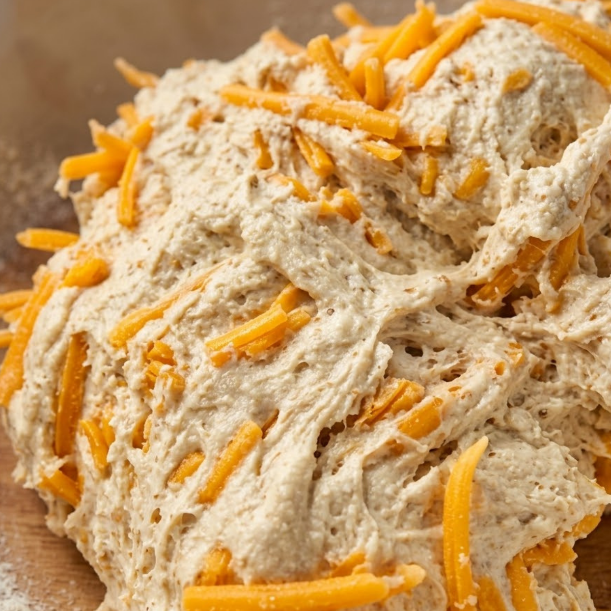 Folding shredded sharp cheddar cheese into Greek yogurt bagel dough in a mixing bowl for homemade Air Fryer Cheddar Cheese Bagels.