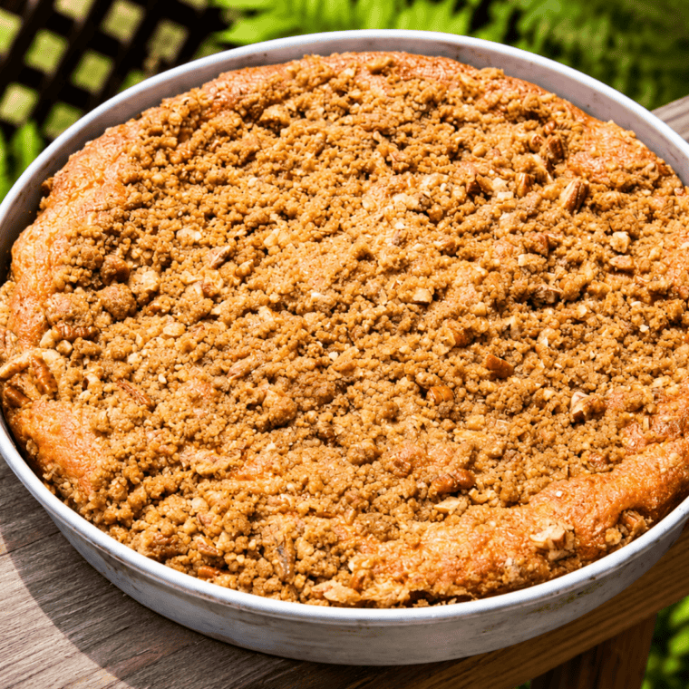 Baked air fryer crumb cake cooling in the pan before slicing