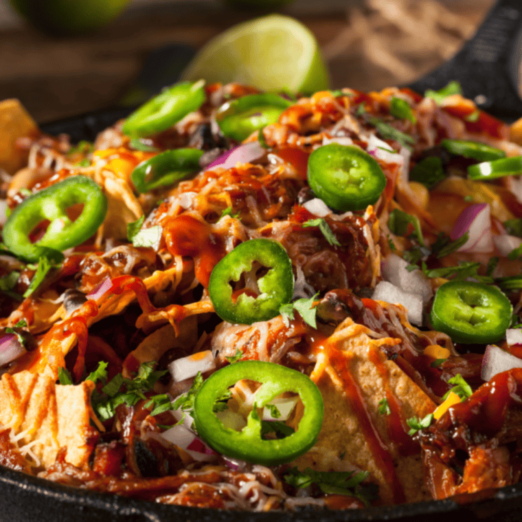 Tray of loaded BBQ pork nachos topped with melted cheese, smoky pulled pork, BBQ sauce, jalapeños, and sour cream over crispy tortilla chips served for sharing.