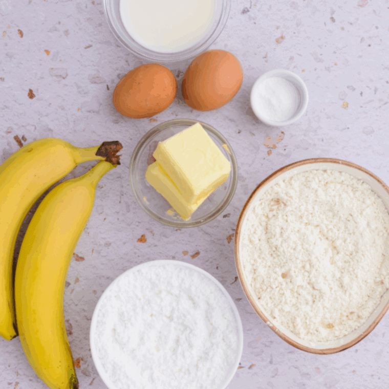 Ingredients needed for Air Fryer Banana Chocolate Chip Muffins on kitchen table.