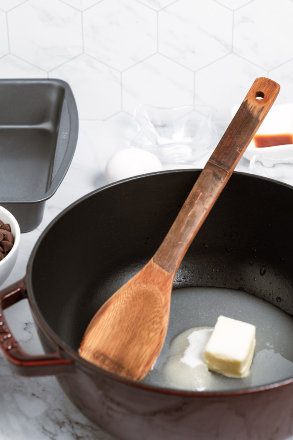 melting butter and chocolate together for rich brownie base mixture