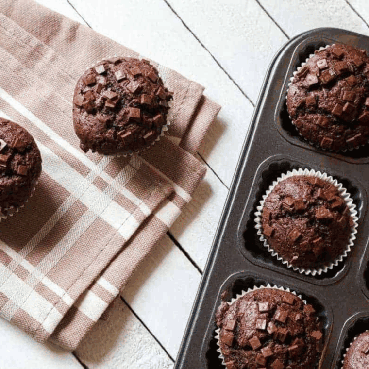 Air fryer double chocolate chip muffins, soft, moist, and chocolatey