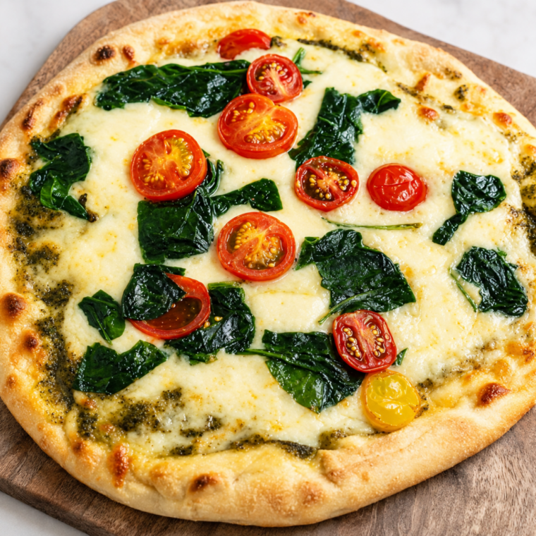 Air fryer pesto naan pizza topped with spinach and halved cherry tomatoes, sliced on a wooden board