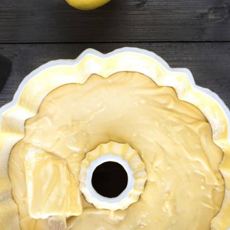 Bundt cake pan sprayed and floured, filled with angel food cake batter.