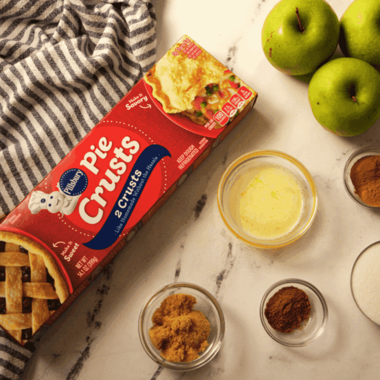 Ingredients needed for Easy Air Fryer Apple Pie From Scratch on kitchen table.
