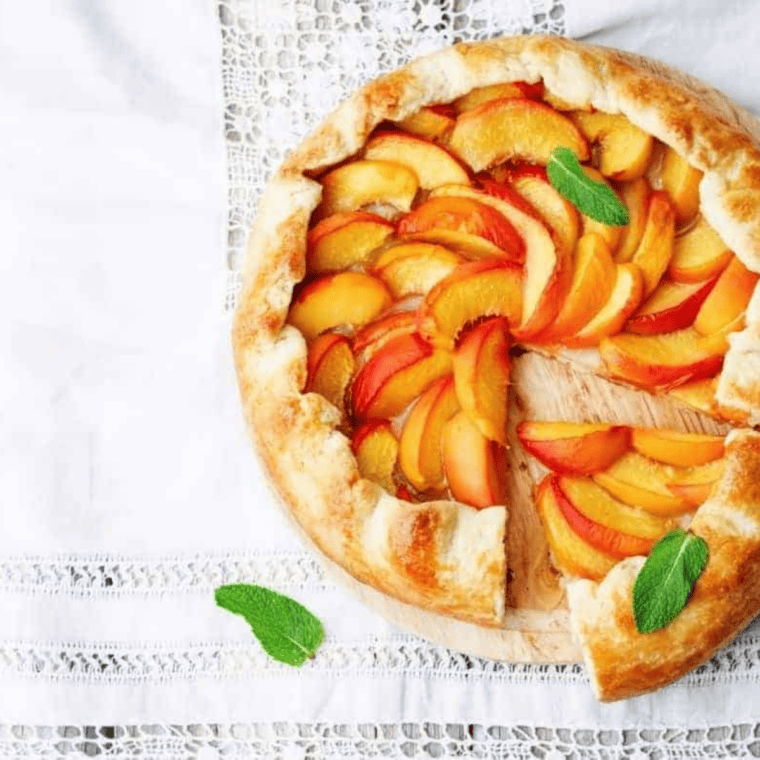 Golden peach crostata with bubbling peach filling cooked in the air fryer