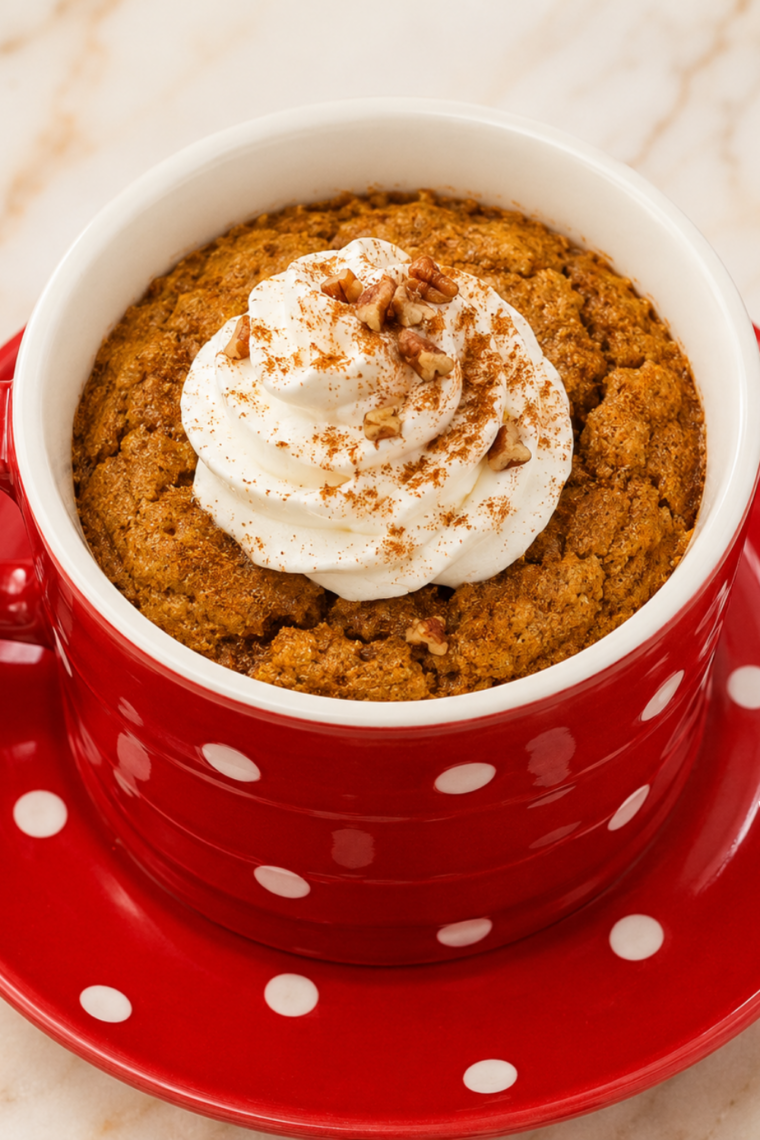 : Air fryer pumpkin mug cake in a white mug on a wooden table with a cinnamon stick and small pumpkins