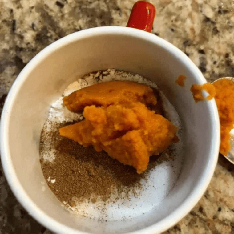 Pumpkin puree, milk, and vanilla extract added on top of the dry ingredients in a mug