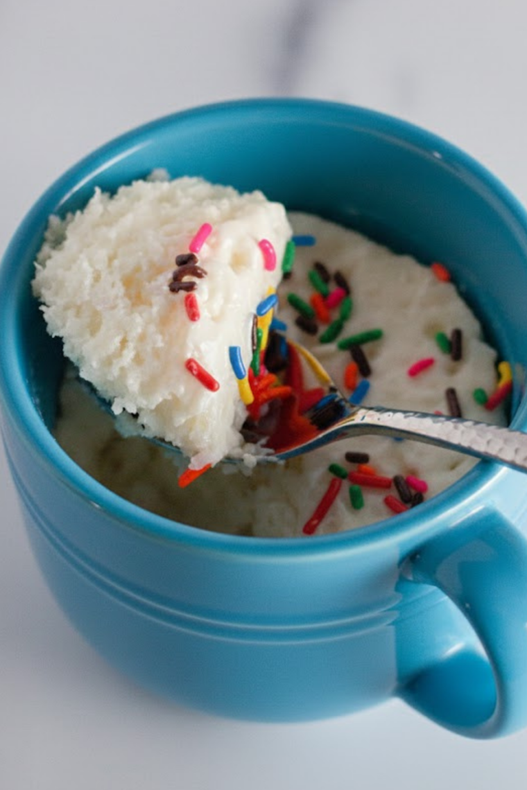 Easy air fryer vanilla mug cake baked in a ceramic mug with a soft and fluffy texture.