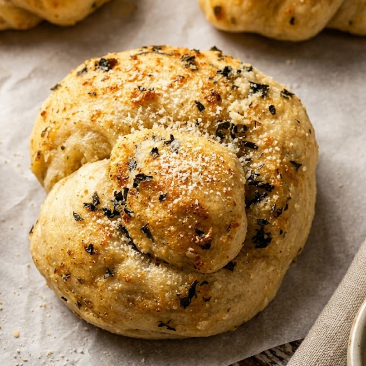 Close-up of golden Air Fryer Garlic Knots brushed with melted garlic butter and parsley