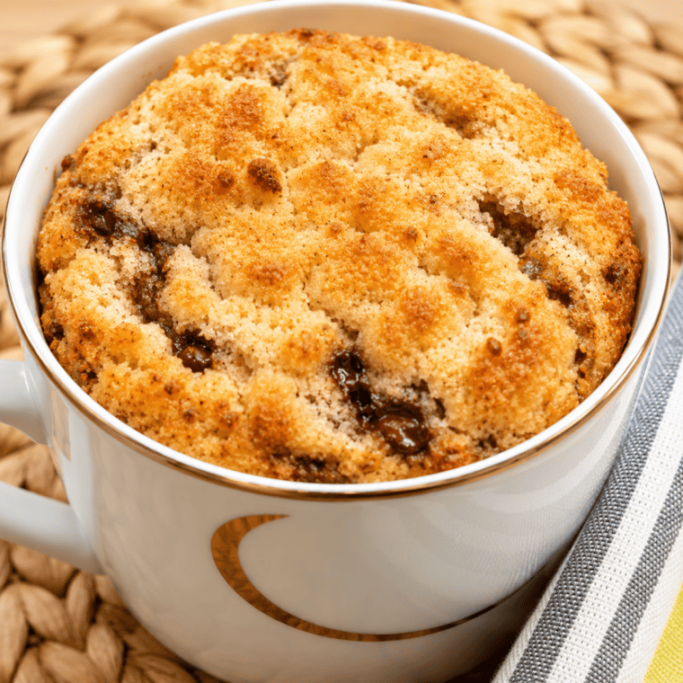 Air fryer chocolate chip mug cake in a white ramekin topped with melty chocolate chips